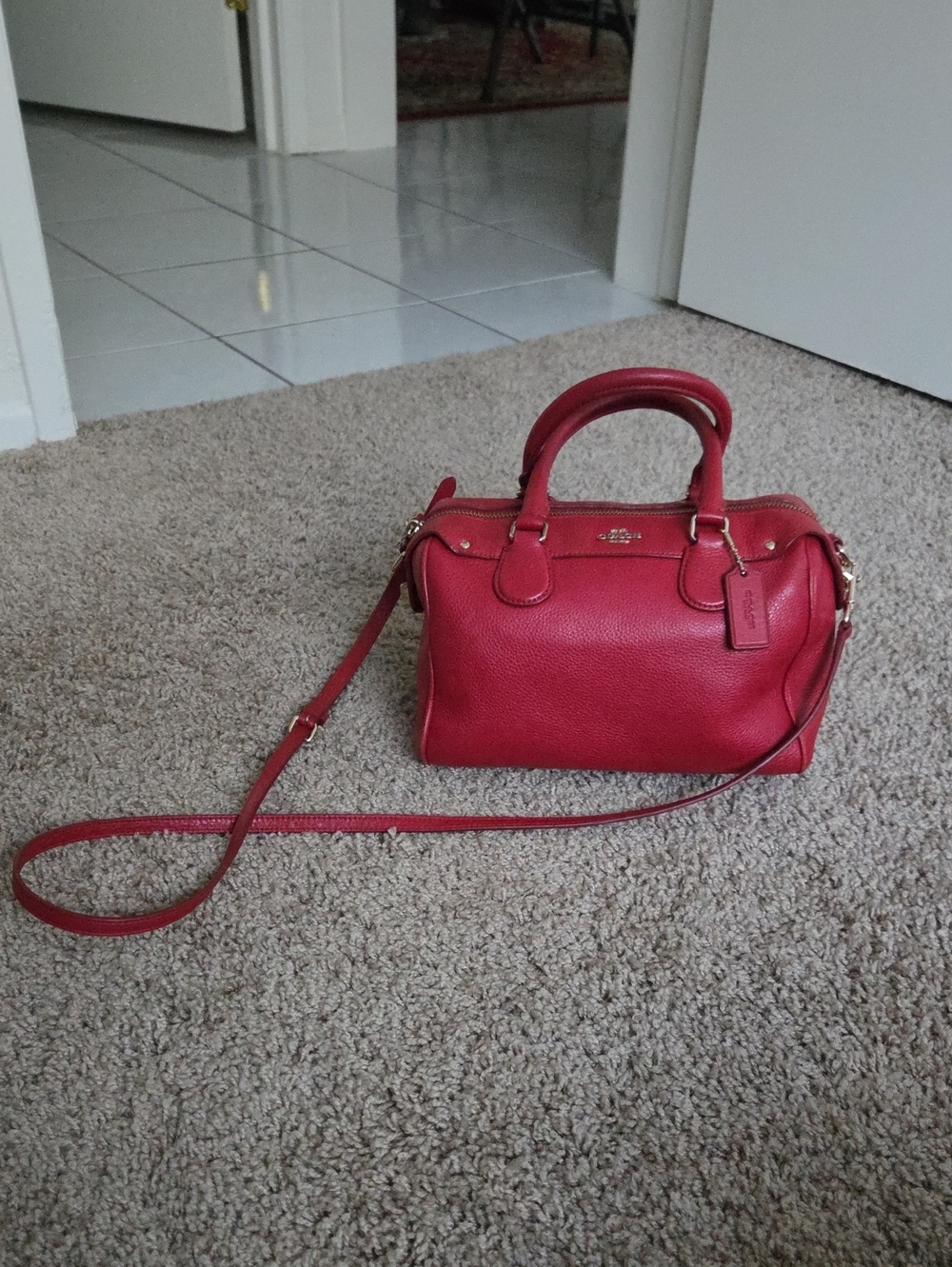 Coach Red Pebbled Leather Satchel with Long Strap